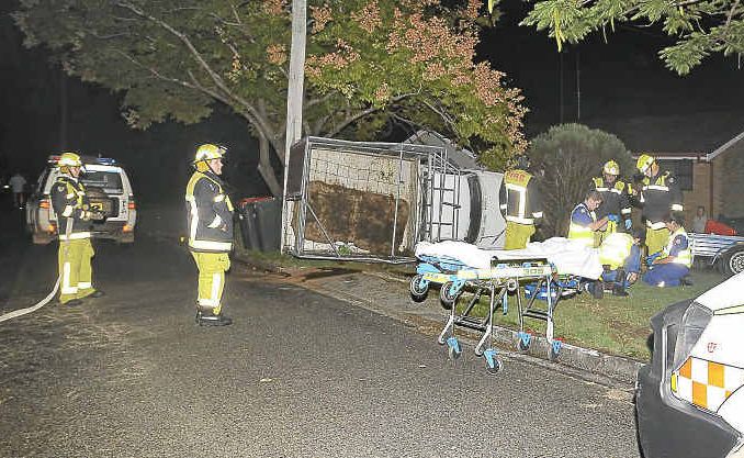 ROLLOVER: The ute that crashed in Roberts Dr, South Grafton last night with five calves on board. Photo: Terry Deefholts ROLLOVER: The ute that crashed in Roberts Dr, South Grafton last night with five calves on board. Photo: Terry Deefholts