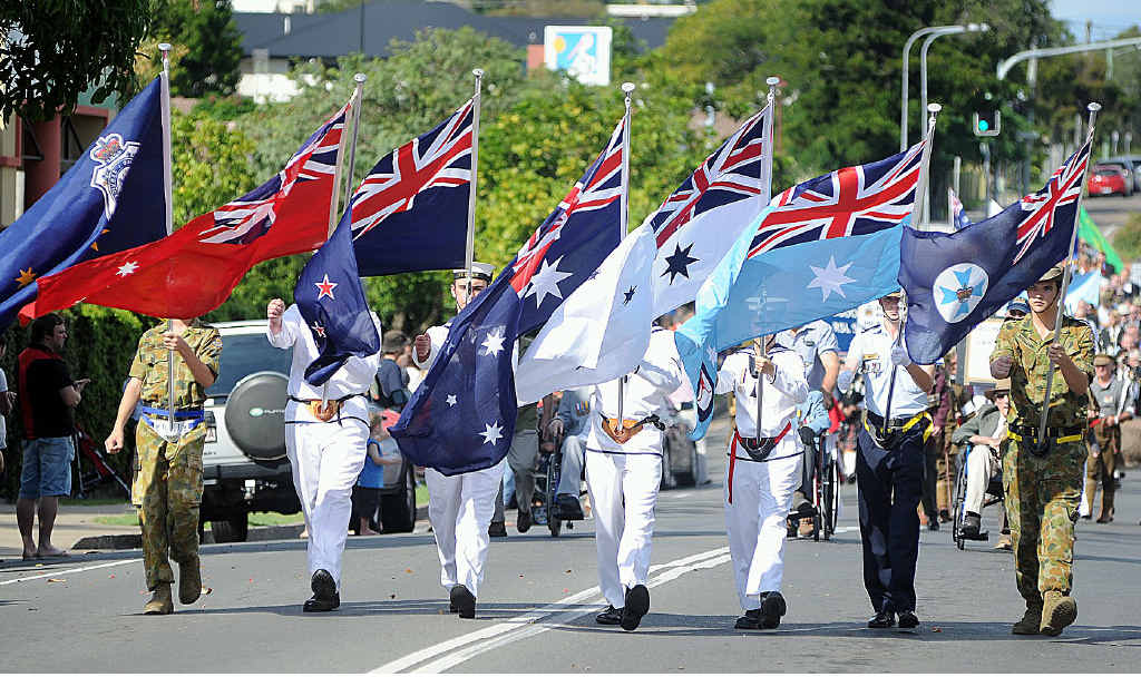 The flags of Australia, New Zealand, Queensland and the armed forces led the march in Hervey Bay last year. The flags of Australia, New Zealand, Queensland and the armed forces led the march in Hervey Bay last year.