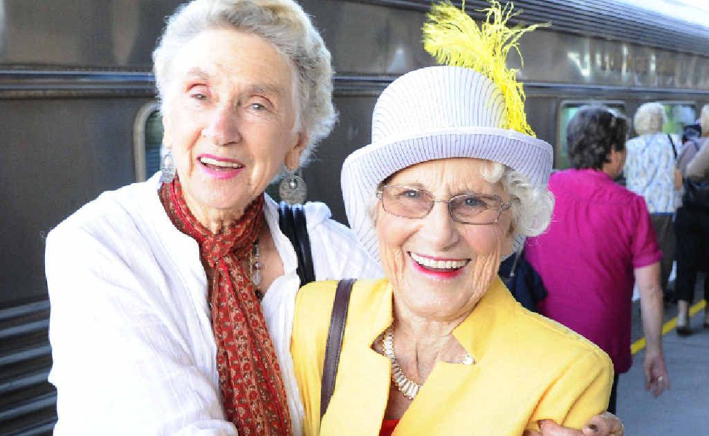 Melba Austen of Grafton gives a welcoming hug to her long-time friend from Kiama, Norma Dick, who has been travelling on the Southern Aurora. Melba Austen of Grafton gives a welcoming hug to her long-time friend from Kiama, Norma Dick, who has been travelling on the Southern Aurora.