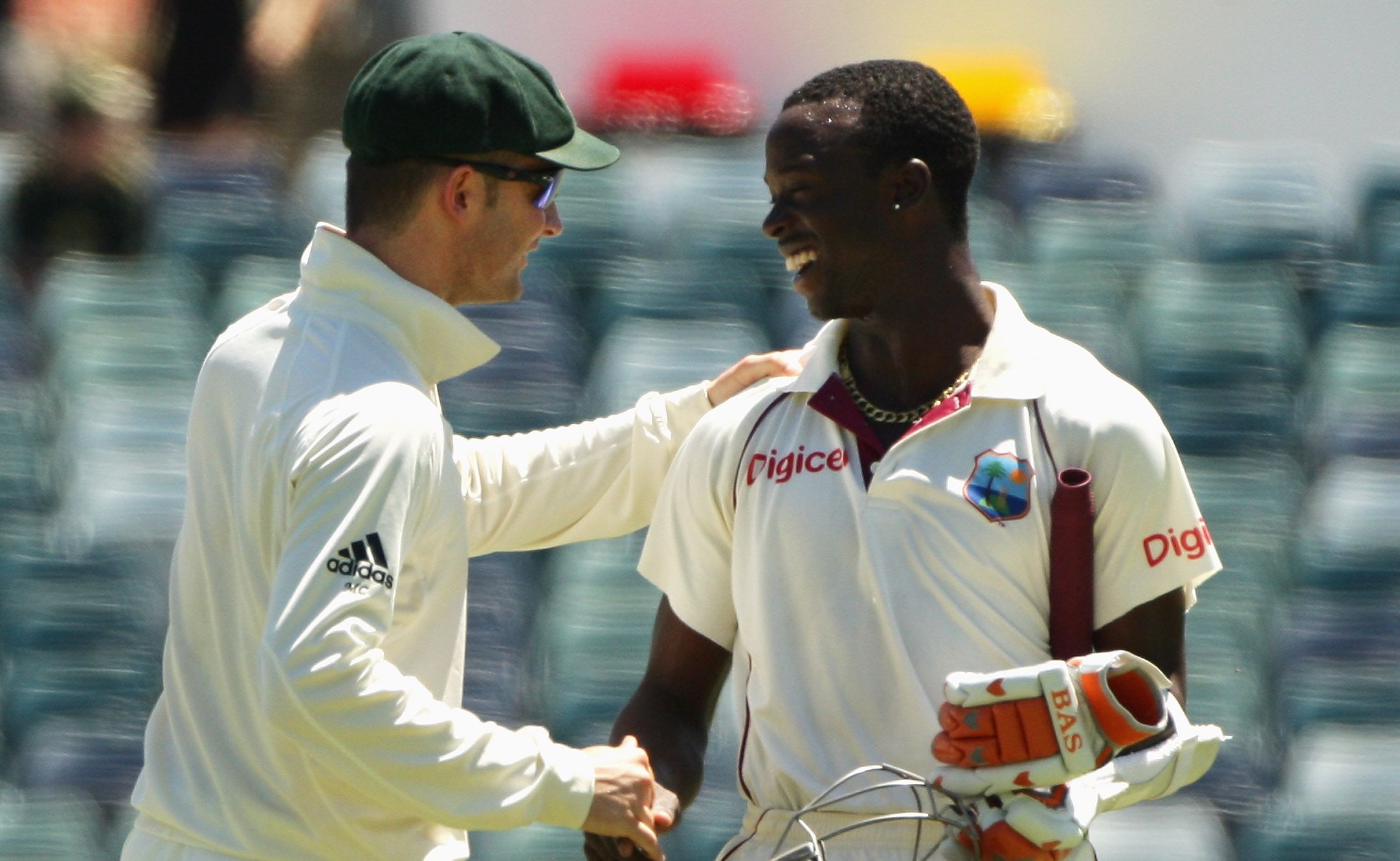 Michael Clarke of Australia shakes hands with Kemar Roach of the West Indies after Australia won the Third Test match between Australia and the West Indies at WACA Michael Clarke of Australia shakes hands with Kemar Roach of the West Indies after Australia won the Third Test match between Australia and the West Indies at WACA