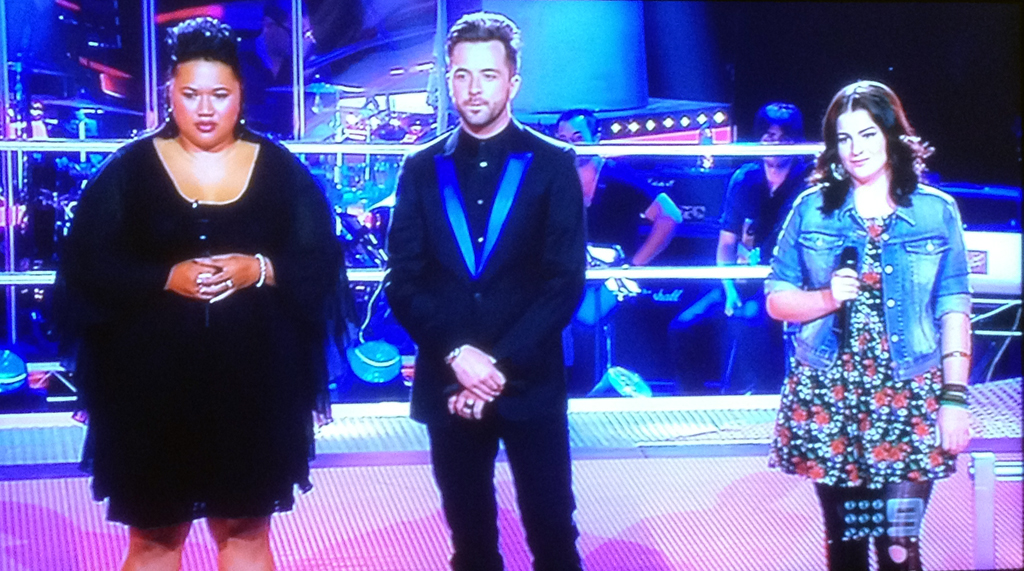 Paula Parore, left, and Karise Eden pictured with The Voice host Darren McMullen during the show's first battle round. Paula Parore, left, and Karise Eden pictured with The Voice host Darren McMullen during the show's first battle round.