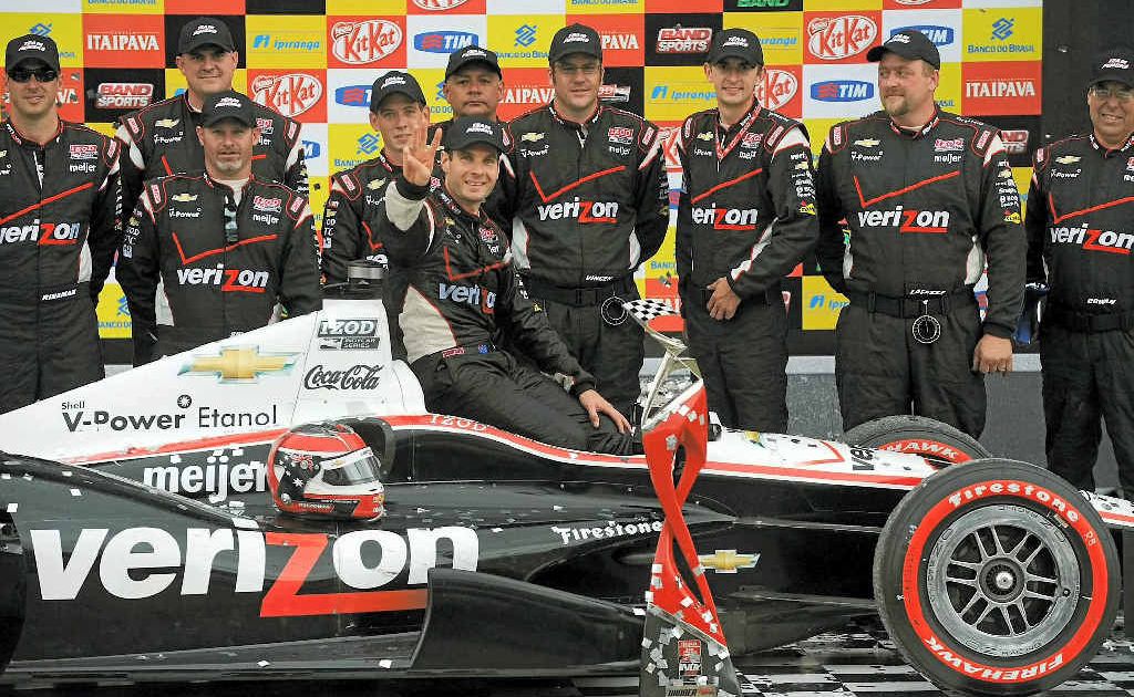 Will Power celebrates winning the Sao Paulo Indy 300 yesterday with his crew. Will Power celebrates winning the Sao Paulo Indy 300 yesterday with his crew.