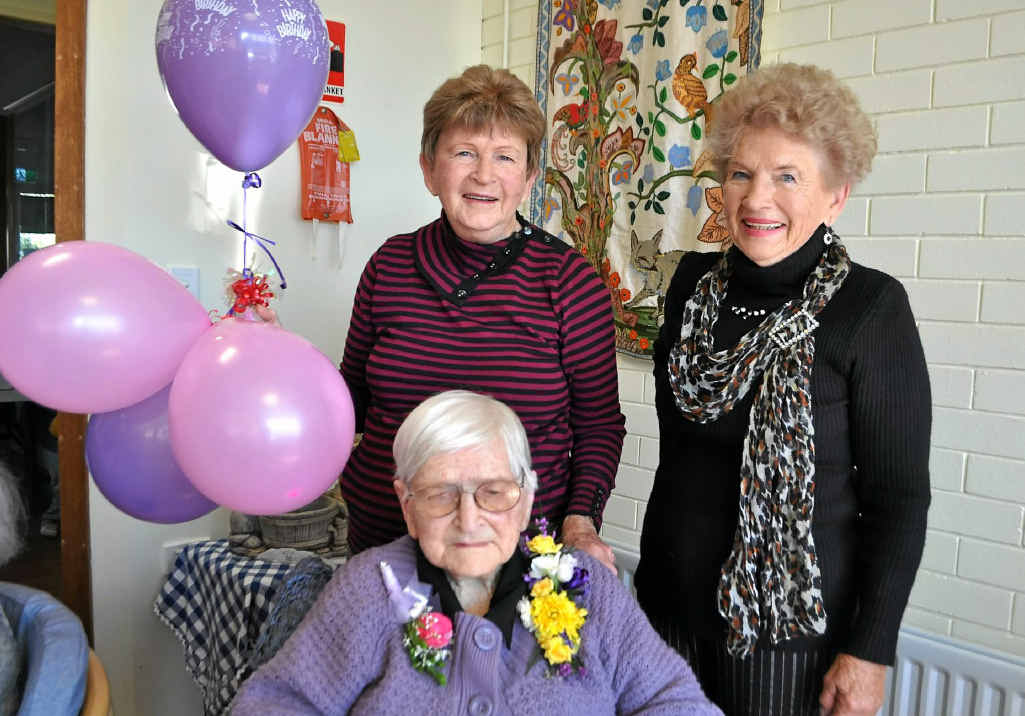 Caroline Nicholls celebrates her 104th birthday with her two daughters, Norma Wenham and Eve-Ann Springate, and her friends at Akooramak. Caroline Nicholls celebrates her 104th birthday with her two daughters, Norma Wenham and Eve-Ann Springate, and her friends at Akooramak.