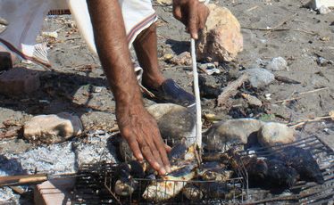 A fisherman cooks lunch on the beach in the Omani port town of Quriyat.
A fisherman cooks lunch on the beach in the Omani port town of Quriyat.