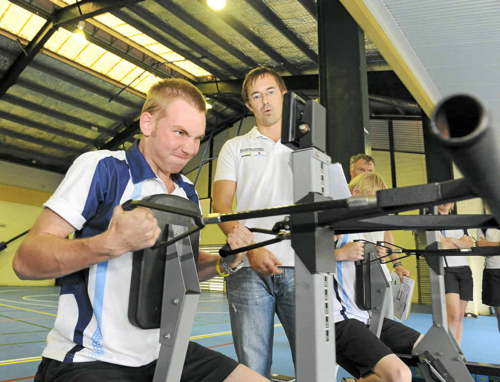 Bundaberg Sate High School’s Nathan Obst determines his work rate on the rowing machine while the National Rowing Centre of Excellence’s Andrew Cruickshank monitors his progress. Bundaberg Sate High School’s Nathan Obst determines his work rate on the rowing machine while the National Rowing Centre of Excellence’s Andrew Cruickshank monitors his progress.