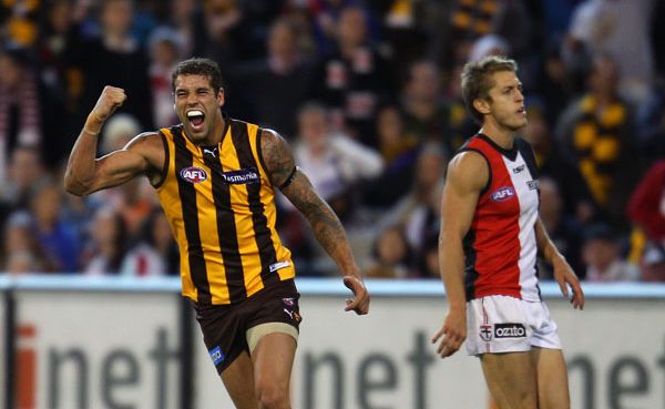 Lance Franklin of the Hawks celebrates after kicking a goal during the round six AFL match between the St Kilda Saints and the Hawthorn Hawks at Melbourne Cricket Lance Franklin of the Hawks celebrates after kicking a goal during the round six AFL match between the St Kilda Saints and the Hawthorn Hawks at Melbourne Cricket