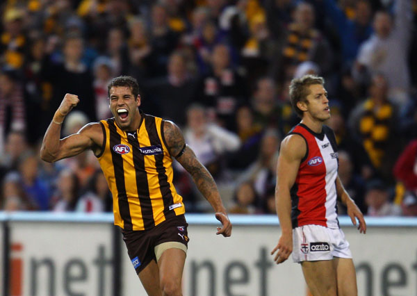 Lance Franklin of the Hawks celebrates after kicking a goal during the round six AFL match between the St Kilda Saints and the Hawthorn Hawks at Melbourne Cricket Lance Franklin of the Hawks celebrates after kicking a goal during the round six AFL match between the St Kilda Saints and the Hawthorn Hawks at Melbourne Cricket