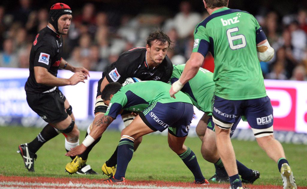 Anton Bresler driving forward during the Super Rugby match between Sharks and Highlanders from Mr Price Kings Park Anton Bresler driving forward during the Super Rugby match between Sharks and Highlanders from Mr Price Kings Park