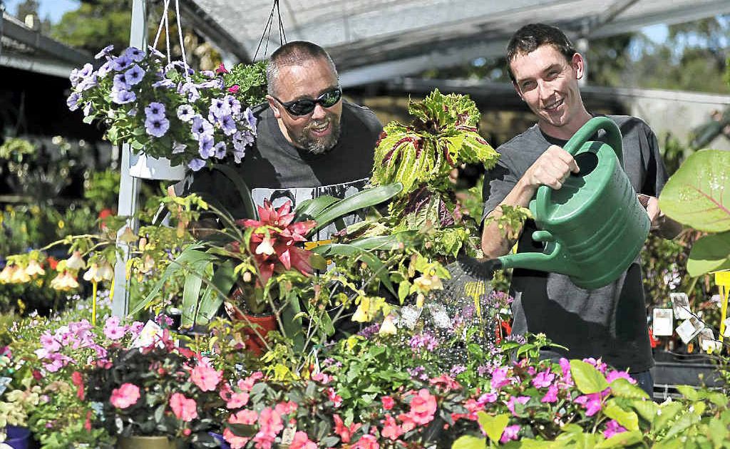Lismore Garden Centre owner David Manby (left) and staff member Cameron Johns enjoy the autumn sunshine. Lismore Garden Centre owner David Manby (left) and staff member Cameron Johns enjoy the autumn sunshine.