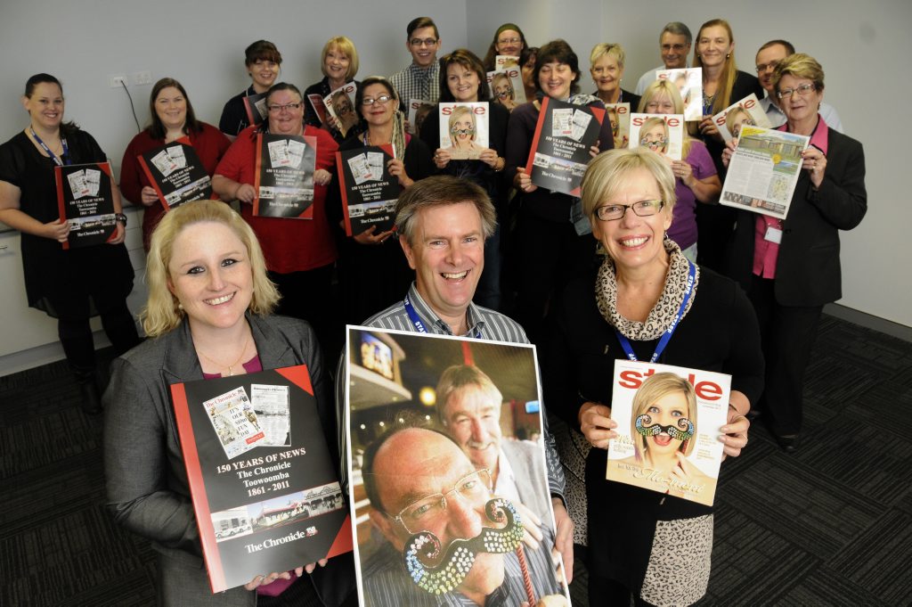 The Chronicle advertising staff celebrating their wins are (front, from left) Erica Brayshaw, Jeff Brown and Deb Hanfield. Photo Bev Lacey.