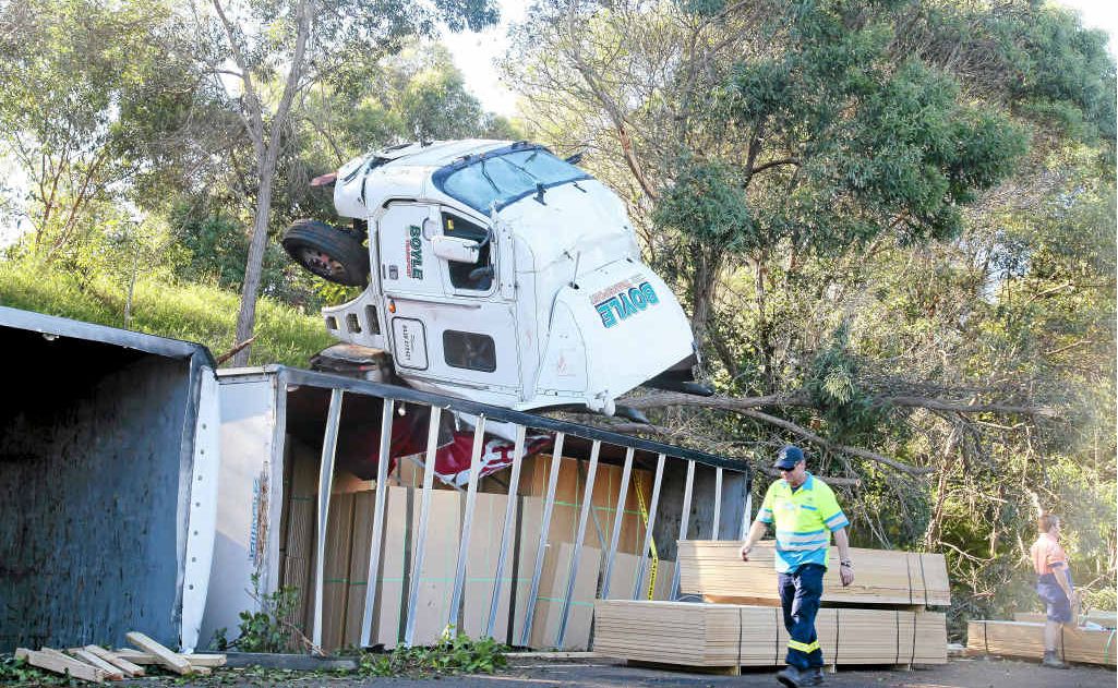 Emergency services attend the scene of an accident involving a truck on Pacific Highway, near Kennedys Lane at Ewingsdale. Emergency services attend the scene of an accident involving a truck on Pacific Highway, near Kennedys Lane at Ewingsdale.