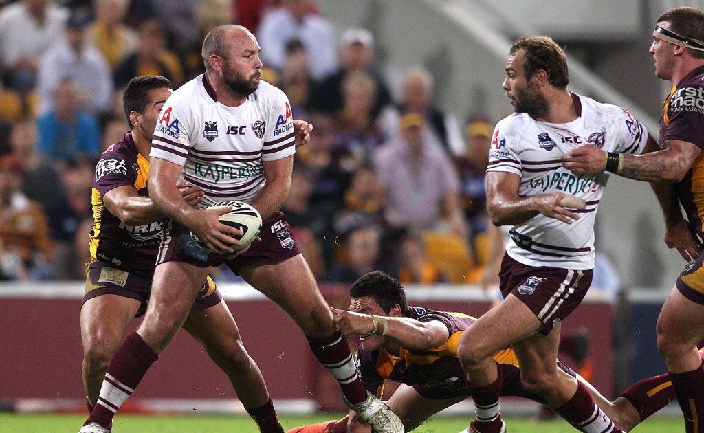 Glenn Stewart of the Sea Eagles looks to get a pass away to team mate and brother Brett Stewart during the round 10 NRL match between the Brisbane Broncos and the Manly Sea Eagles at Suncorp Stadium. Glenn Stewart of the Sea Eagles looks to get a pass away to team mate and brother Brett Stewart during the round 10 NRL match between the Brisbane Broncos and the Manly Sea Eagles at Suncorp Stadium.