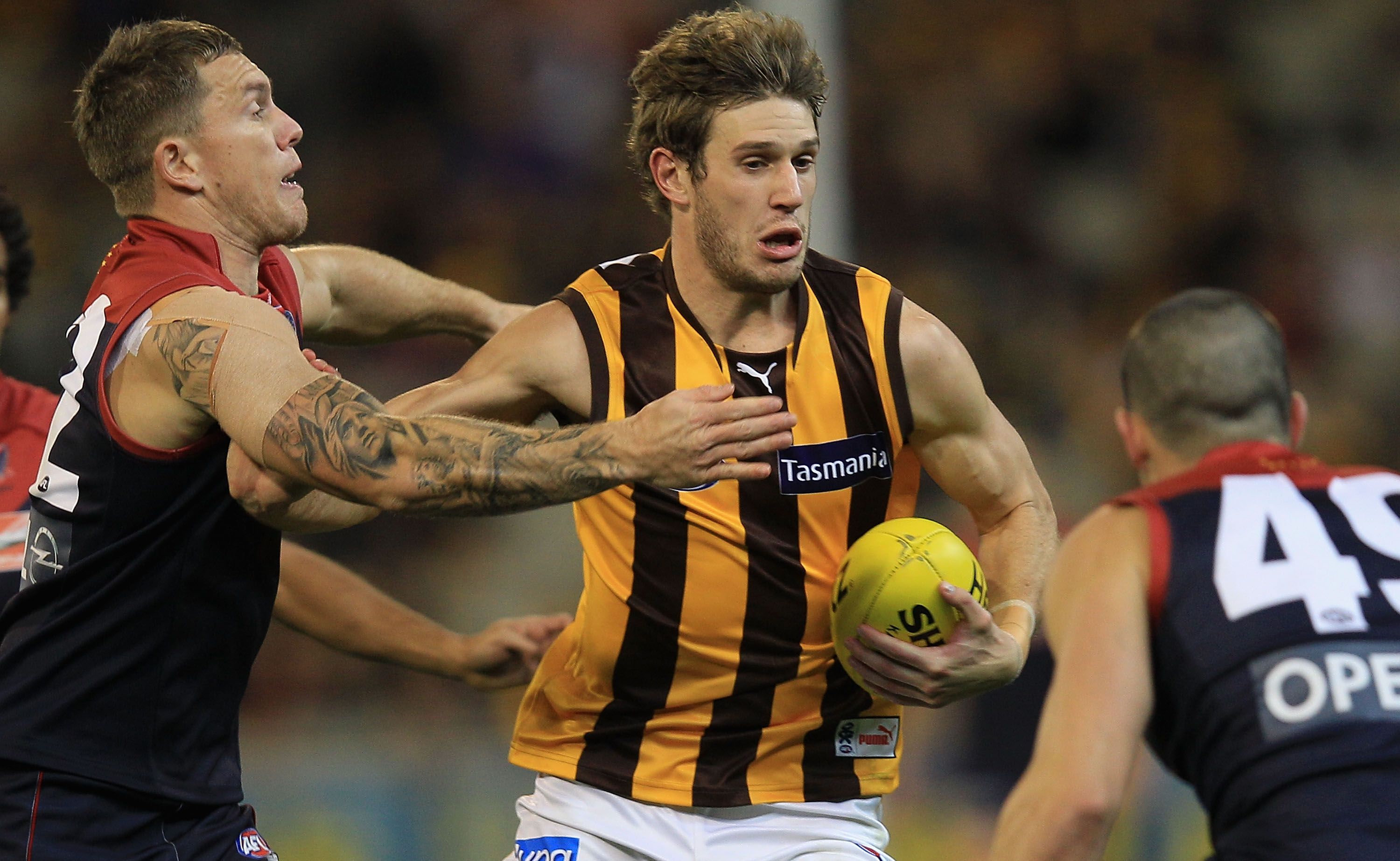 Grant Birchall of the Hawks in action during the round seven AFL match between the Melbourne Demons and the Hawthorn Hawks at the Melbourne Cricket Ground Grant Birchall of the Hawks in action during the round seven AFL match between the Melbourne Demons and the Hawthorn Hawks at the Melbourne Cricket Ground