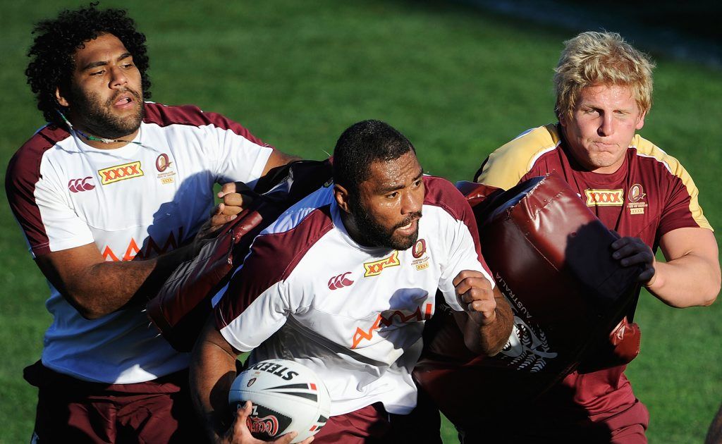 Sam Thaiday (left), Petero Civoniceva and Ben Hannant during a Maroons State of Origin training session. Sam Thaiday (left), Petero Civoniceva and Ben Hannant during a Maroons State of Origin training session.