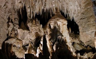 Stalactites hang into the cave like like tapering organ pipes.
Stalactites hang into the cave like like tapering organ pipes.