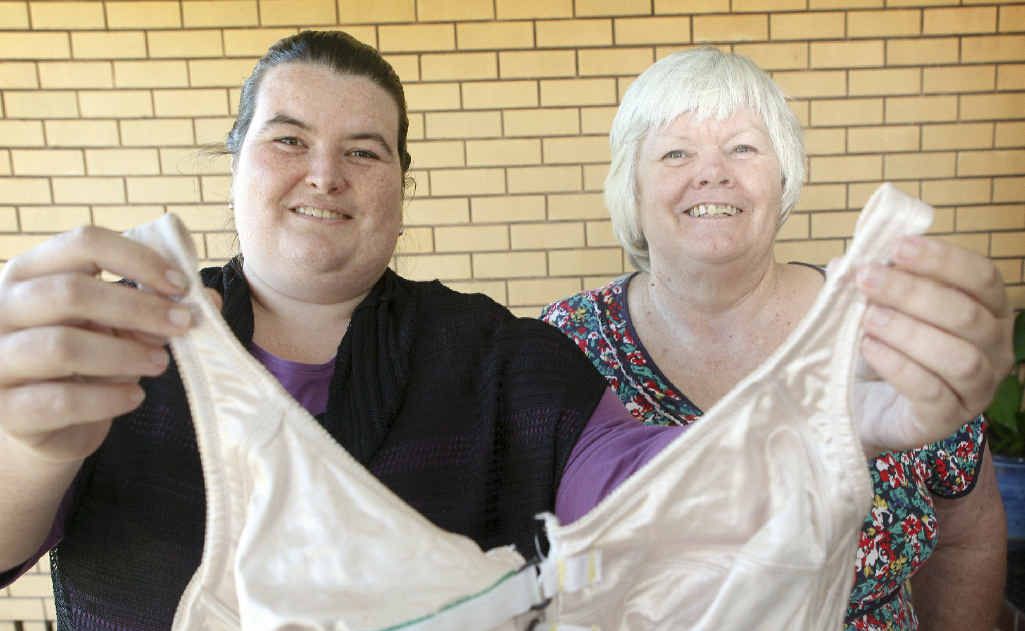 Lindi and Patricia Worthing with a bra that can be done up at the front with one hand. Lindi and Patricia Worthing with a bra that can be done up at the front with one hand.