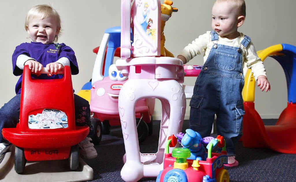 Katie Marsh (left) and Olivia Cochrane test out the toys for loan at the Amberley Toy Library. Katie Marsh (left) and Olivia Cochrane test out the toys for loan at the Amberley Toy Library.