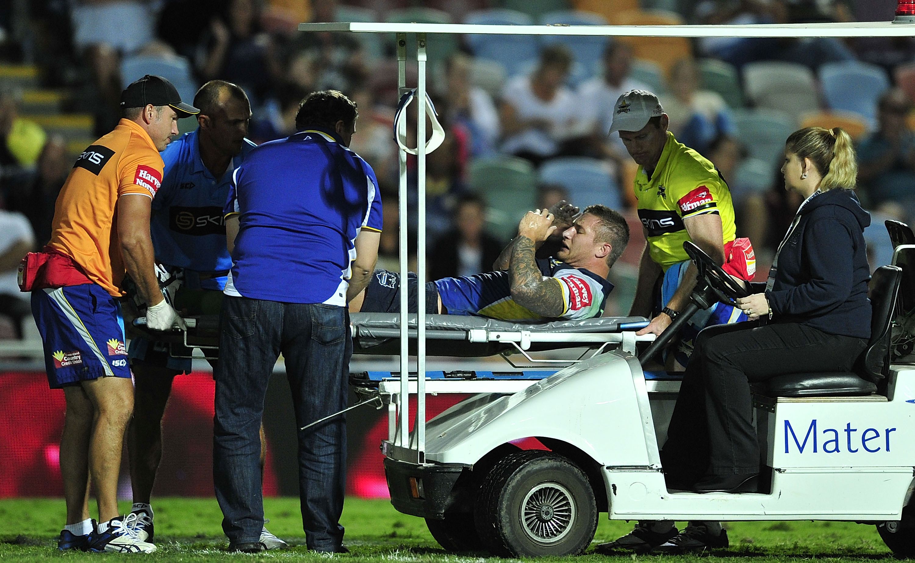 Tariq Sims of the Cowboys is placed on the medi-cab after being injured during the round 11 NRL match between the North Queensland Cowboys and the Penrith Panthers at Dairy Farmers Stadium. Tariq Sims of the Cowboys is placed on the medi-cab after being injured during the round 11 NRL match between the North Queensland Cowboys and the Penrith Panthers at Dairy Farmers Stadium.