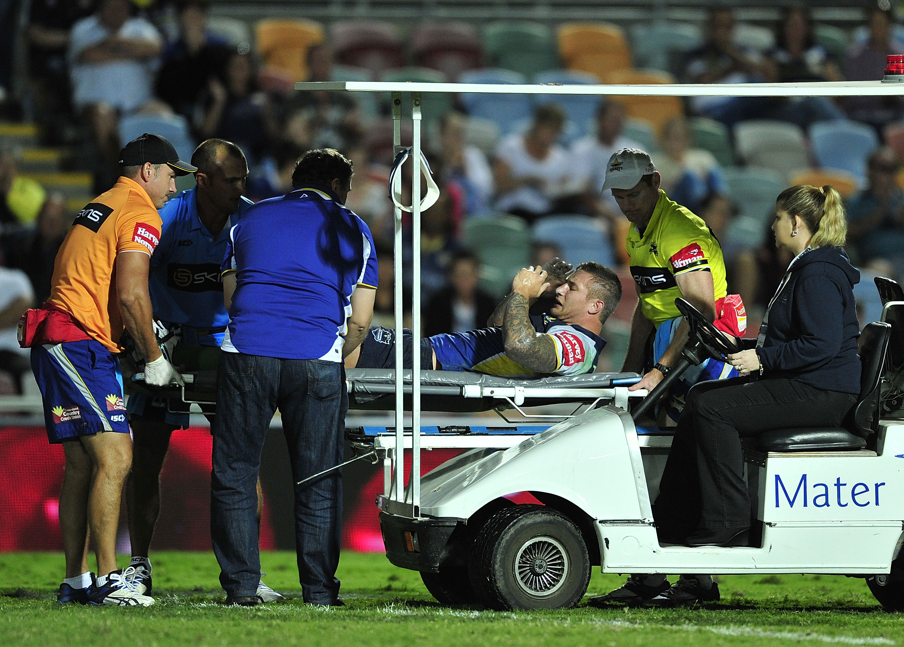 Tariq Sims of the Cowboys is placed on the medi-cab after being injured during the round 11 NRL match between the North Queensland Cowboys and the Penrith Panthers at Dairy Farmers Stadium. Tariq Sims of the Cowboys is placed on the medi-cab after being injured during the round 11 NRL match between the North Queensland Cowboys and the Penrith Panthers at Dairy Farmers Stadium.