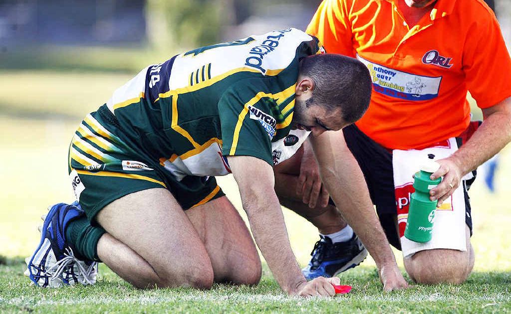 Jermaine Alberts is assisted by a trainer after taking a knock in Ipswich’s Queensland Cup loss to Wynnum-Manly on Saturday. Jermaine Alberts is assisted by a trainer after taking a knock in Ipswich’s Queensland Cup loss to Wynnum-Manly on Saturday.