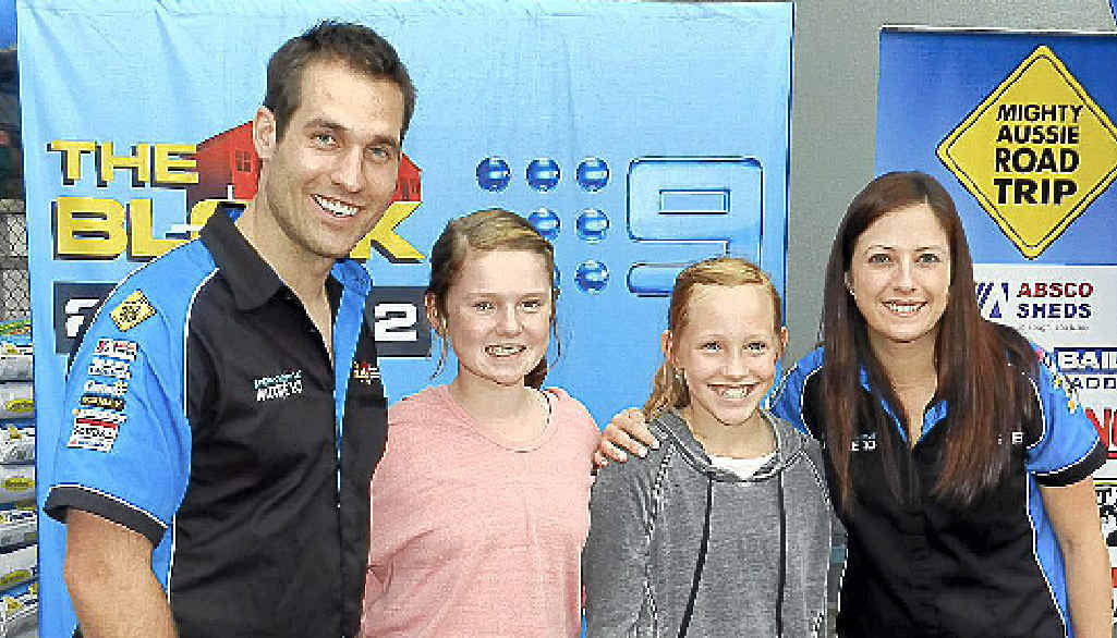 Coolum fans Bella Considine and Lucy Carolan meet Dan and Dani from The Block at Mitre 10 Coolum.