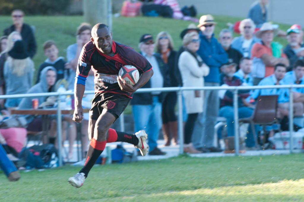 The joy Waqa Yaya feels scoring five-pointers was evident as he crossed again at Coffs Coast Advocate Rugby Park today. The joy Waqa Yaya feels scoring five-pointers was evident as he crossed again at Coffs Coast Advocate Rugby Park today.