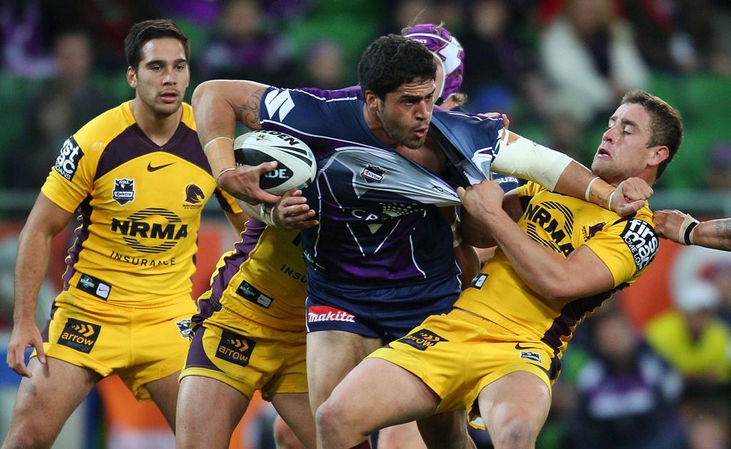 Jesse Bromwich of the Storm is tackled during the round 12 NRL match between the Melbourne Storm and the Brisbane Broncos at AAMI Park Jesse Bromwich of the Storm is tackled during the round 12 NRL match between the Melbourne Storm and the Brisbane Broncos at AAMI Park
