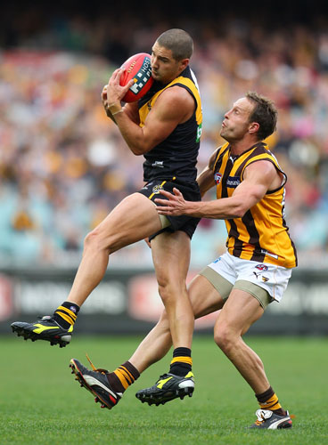Shaun Grigg of the Tigers takes a mark in front of Brad Sewell of the Hawks during the round nine AFL match between the Richmond Tigers and the Hawthorn Hawks at the Melbourne Cricket Ground. Shaun Grigg of the Tigers takes a mark in front of Brad Sewell of the Hawks during the round nine AFL match between the Richmond Tigers and the Hawthorn Hawks at the Melbourne Cricket Ground.