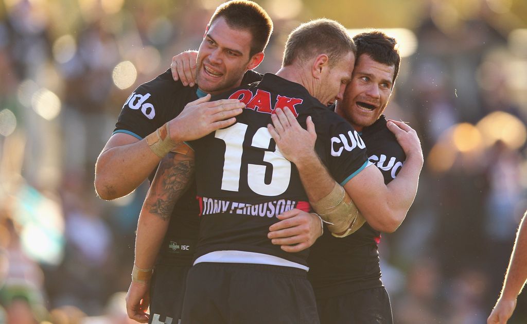 Tim Grant and Kevin Kingston the Panthers celebrate with Luke Lewis of the Panthers after he scored a try during the round 12 NRL match between the Penrith Panthers and the Manly Warringah Sea Eagles at Centrebet Stadium. Tim Grant and Kevin Kingston the Panthers celebrate with Luke Lewis of the Panthers after he scored a try during the round 12 NRL match between the Penrith Panthers and the Manly Warringah Sea Eagles at Centrebet Stadium.