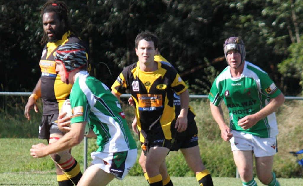 Ryan Gill takes the ball up for the Stags in a brutal match against Caboolture. Ryan Gill takes the ball up for the Stags in a brutal match against Caboolture.