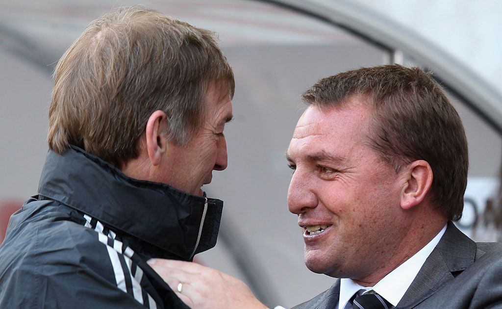 Kenny Dalglish (back) and Brendan Rodgers shake hands before the start of the Liverpool versus Swansea match. Rodgers has replaced Dalglish as the manager of the Anfield club. Kenny Dalglish (back) and Brendan Rodgers shake hands before the start of the Liverpool versus Swansea match. Rodgers has replaced Dalglish as the manager of the Anfield club.