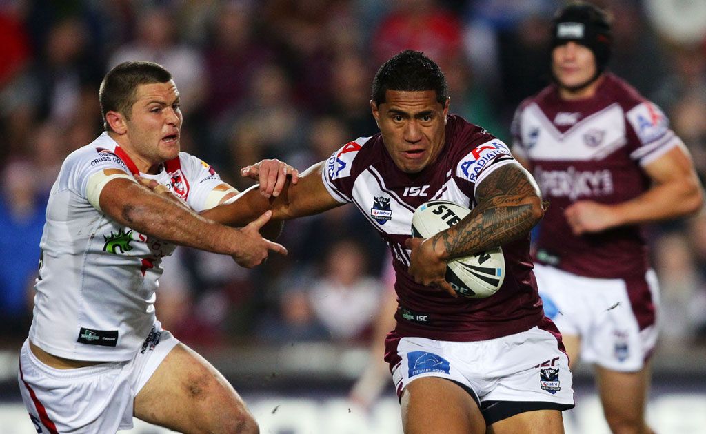 Jorge Taufua of the Sea Eagles fends during the round 13 NRL match between the Manly Warringah Sea Eagles and the St George Illawarra Dragons at Brookvale Oval Jorge Taufua of the Sea Eagles fends during the round 13 NRL match between the Manly Warringah Sea Eagles and the St George Illawarra Dragons at Brookvale Oval