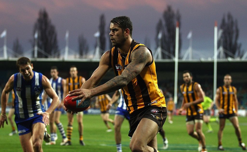 Lance Franklin of the Hawks kicks during the round 10 AFL match between the Hawthorn Hawks and the North Melbourne Kangaroos at Aurora Stadium Lance Franklin of the Hawks kicks during the round 10 AFL match between the Hawthorn Hawks and the North Melbourne Kangaroos at Aurora Stadium