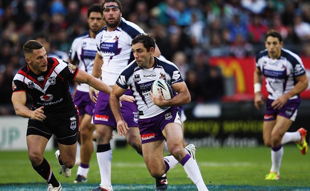 Cameron Smith of the Storm makes a break during the round 13 NRL match between the New Zealand Warriors and the Melbourne Storm at Mt Smart Stadium Cameron Smith of the Storm makes a break during the round 13 NRL match between the New Zealand Warriors and the Melbourne Storm at Mt Smart Stadium