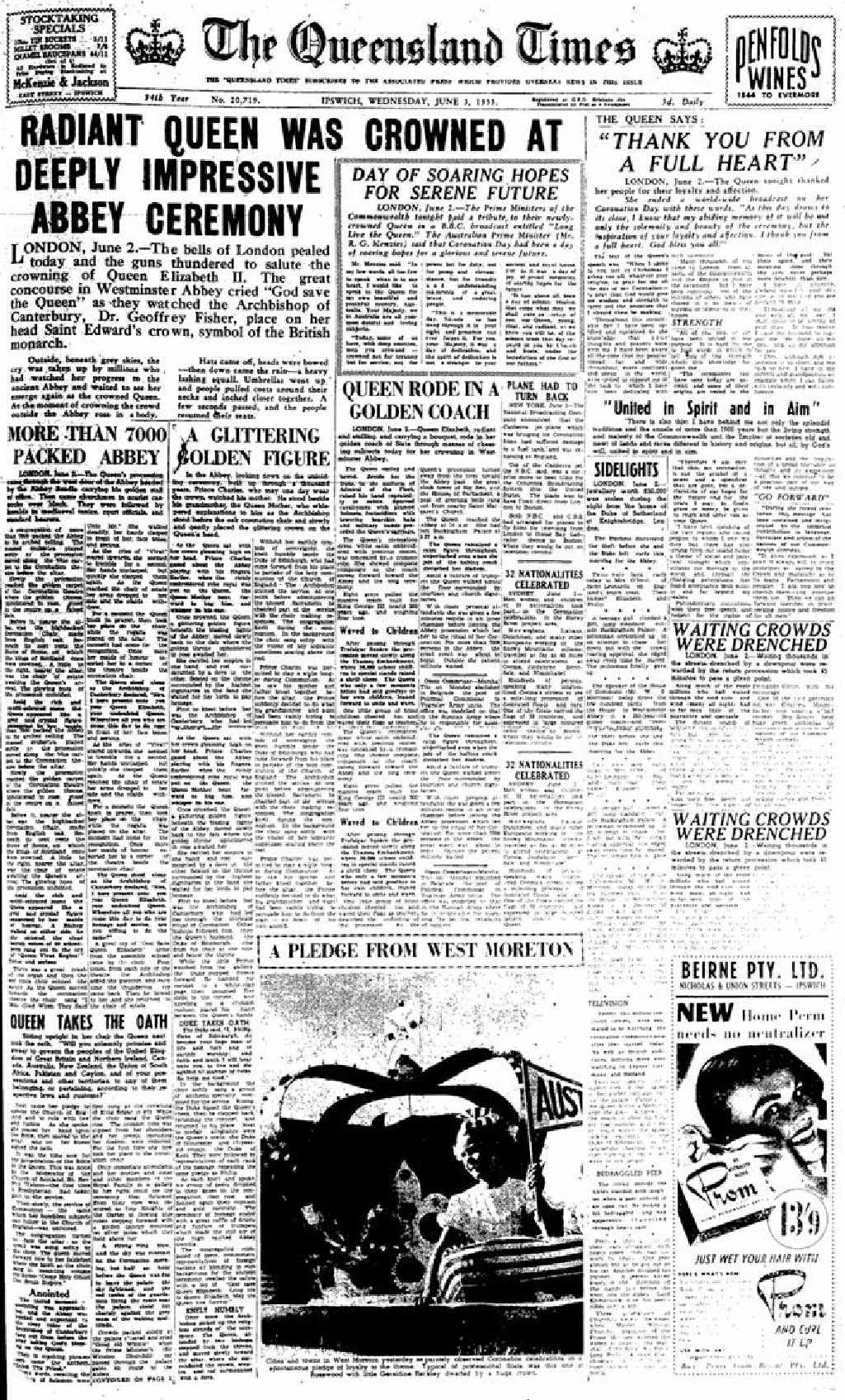 Coverage of the Queen’s coronation dominated the front and inside pages of the QT on Wednesday, June 3, 1953. The paper reported that a ‘spontaneous enthusiasm’ gripped locals. Coverage of the Queen’s coronation dominated the front and inside pages of the QT on Wednesday, June 3, 1953. The paper reported that a ‘spontaneous enthusiasm’ gripped locals.