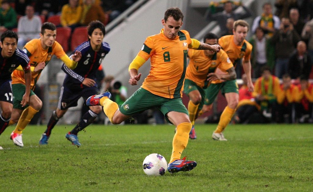 Luke Wilkshire of Australia scores with this penalty shot at goal during the FIFA World Cup Asian Qualifier match between the Australian Socceroos and Japan at Suncorp Stadium. Luke Wilkshire of Australia scores with this penalty shot at goal during the FIFA World Cup Asian Qualifier match between the Australian Socceroos and Japan at Suncorp Stadium.