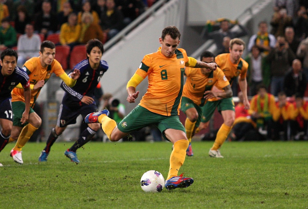 Luke Wilkshire of Australia scores with this penalty shot at goal during the FIFA World Cup Asian Qualifier match between the Australian Socceroos and Japan at Suncorp Stadium. Luke Wilkshire of Australia scores with this penalty shot at goal during the FIFA World Cup Asian Qualifier match between the Australian Socceroos and Japan at Suncorp Stadium.