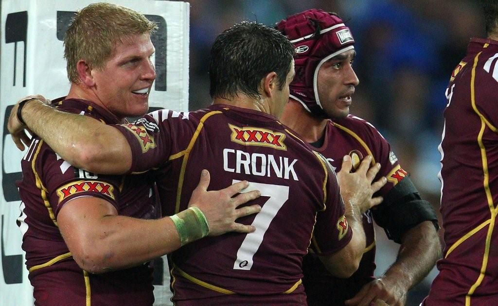 Maroons players celebrate after taking the lead against NSW Blues in State of Origin II. Maroons players celebrate after taking the lead against NSW Blues in State of Origin II.