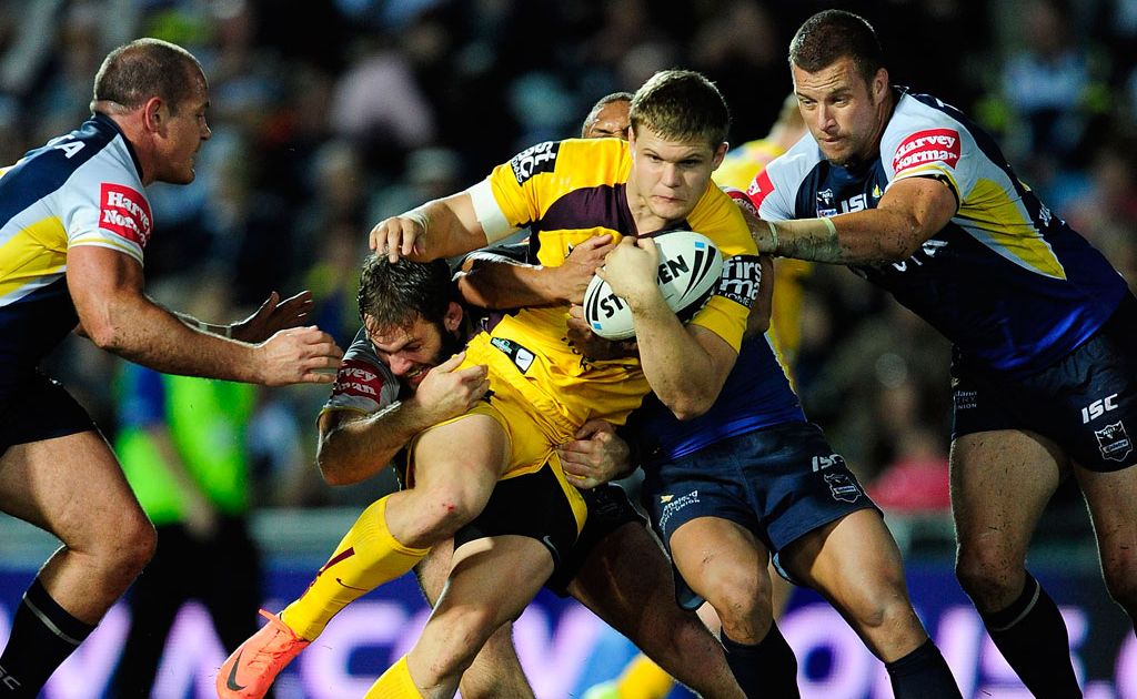 Dale Copley of the Broncos looks get through the Cowboys defence during the round 15 NRL match between the North Queensland Cowboys and the Brisbane Broncos at Dairy Farmers Stadium Dale Copley of the Broncos looks get through the Cowboys defence during the round 15 NRL match between the North Queensland Cowboys and the Brisbane Broncos at Dairy Farmers Stadium