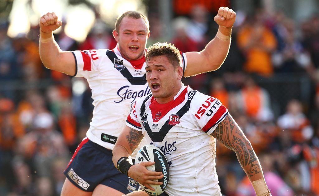 Jared Waerea-Hargreaves of the Roosters is congratulated by team mate Martin Kennedy after scoring during the round 15 NRL match between at Leichhardt Oval on June 17, 2012 in Sydney, Australia. Jared Waerea-Hargreaves of the Roosters is congratulated by team mate Martin Kennedy after scoring during the round 15 NRL match between at Leichhardt Oval on June 17, 2012 in Sydney, Australia.