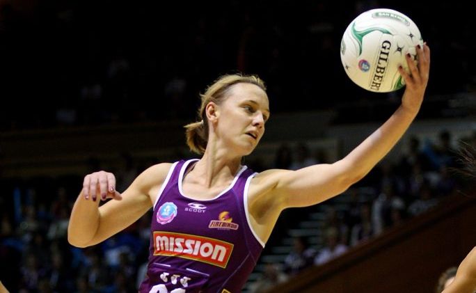 Natalie Medhurst of the Firebirds reaches for the ball during the round 13 ANZ Championship match between the Firebirds and the Fever at Brisbane Convention & Exhibition Centre on June 24, 2012 in Brisbane, Australia. Natalie Medhurst of the Firebirds reaches for the ball during the round 13 ANZ Championship match between the Firebirds and the Fever at Brisbane Convention & Exhibition Centre on June 24, 2012 in Brisbane, Australia.
