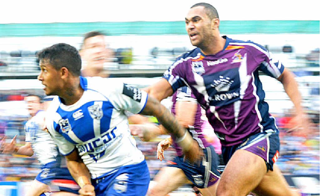 Bulldogs fullback Ben Barba kicks ahead for teammate Josh Morris to score the sensational last try against Melbourne Storm in Virgin Australia Stadium’s first NRL match in front of a sellout crowd yesterday. Bulldogs fullback Ben Barba kicks ahead for teammate Josh Morris to score the sensational last try against Melbourne Storm in Virgin Australia Stadium’s first NRL match in front of a sellout crowd yesterday.
