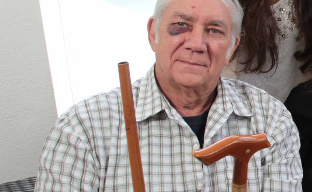 Covus took to one robber with his walking cane, snapping it in half as he belted the man. Covus took to one robber with his walking cane, snapping it in half as he belted the man.