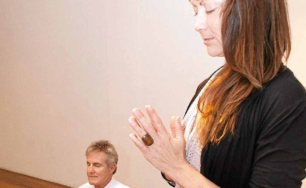 Natasha Patten teaches Paul Hackney the art of meditation. Natasha Patten teaches Paul Hackney the art of meditation.