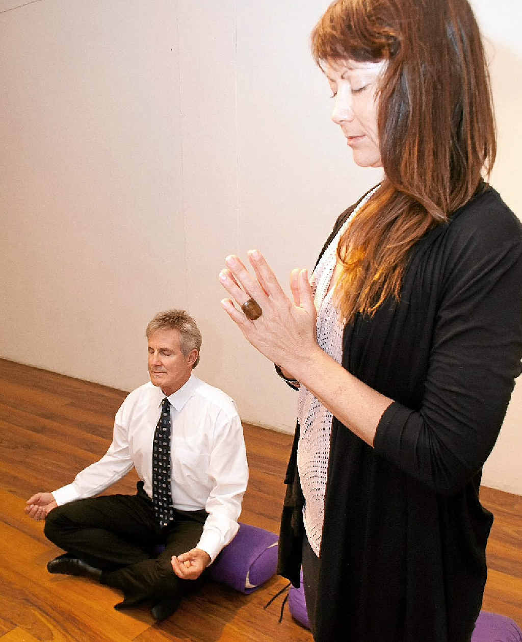 Natasha Patten teaches Paul Hackney the art of meditation. Natasha Patten teaches Paul Hackney the art of meditation.
