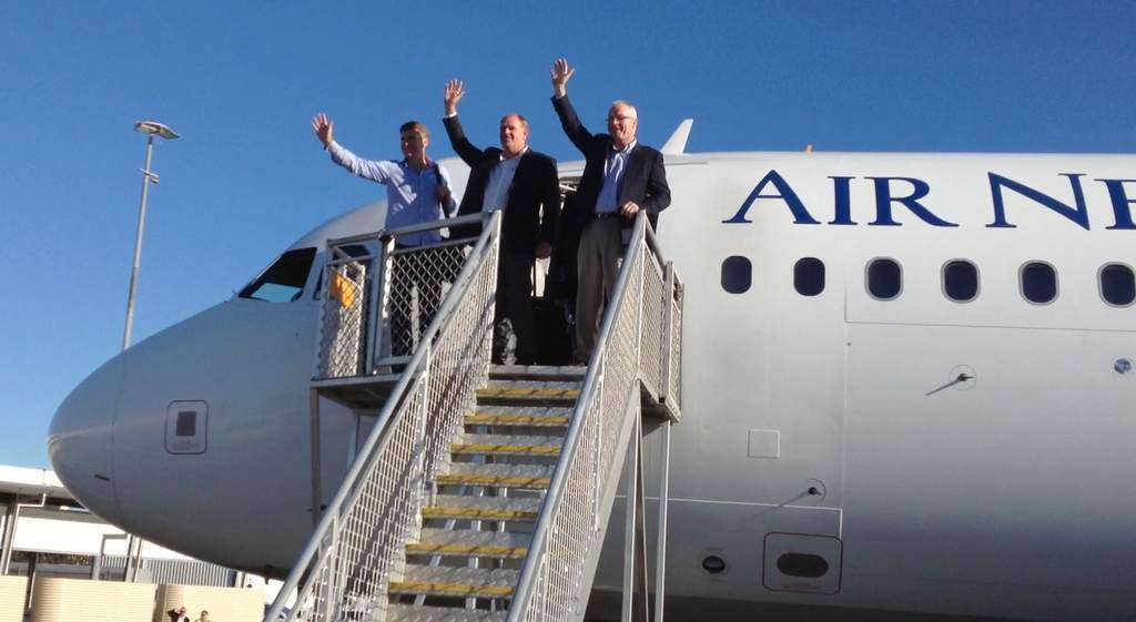 Sunshine Coast mayor Mark Jamieson and local councillor Jason Opray were among the first to get off the flight from Auckland launching the Coast as an international destination. Sunshine Coast mayor Mark Jamieson and local councillor Jason Opray were among the first to get off the flight from Auckland launching the Coast as an international destination.