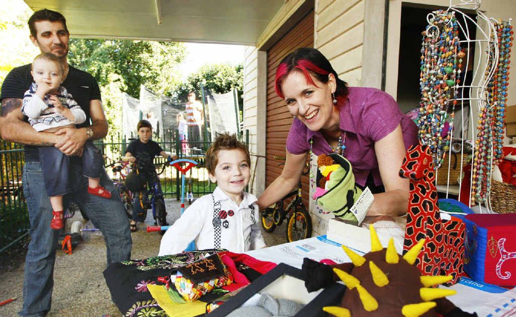 Mother-of-six Bec Draper shows off her fair trade handicrafts to Ezra (front), 3, and husband Brendan with Isaac, 1, and Noah, 9. Mrs Draper has been nominated for The AusMumpreneur Awards. Mother-of-six Bec Draper shows off her fair trade handicrafts to Ezra (front), 3, and husband Brendan with Isaac, 1, and Noah, 9. Mrs Draper has been nominated for The AusMumpreneur Awards.