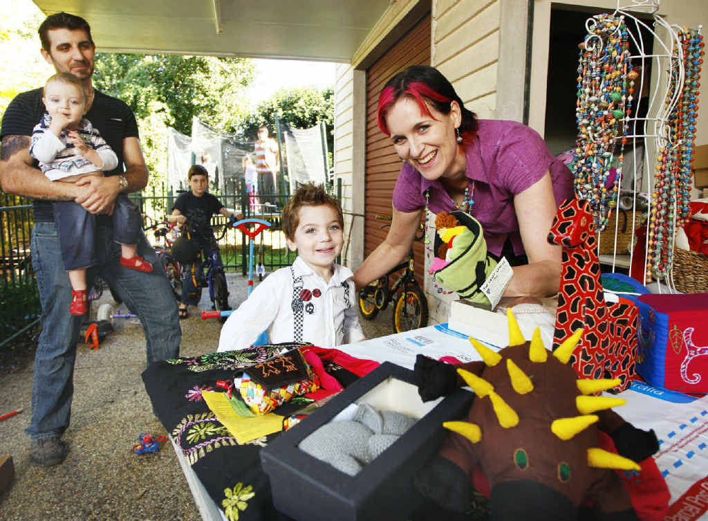 Mother-of-six Bec Draper shows off her fair trade handicrafts to Ezra (front), 3, and husband Brendan with Isaac, 1, and Noah, 9. Mrs Draper has been nominated for The AusMumpreneur Awards. Mother-of-six Bec Draper shows off her fair trade handicrafts to Ezra (front), 3, and husband Brendan with Isaac, 1, and Noah, 9. Mrs Draper has been nominated for The AusMumpreneur Awards.