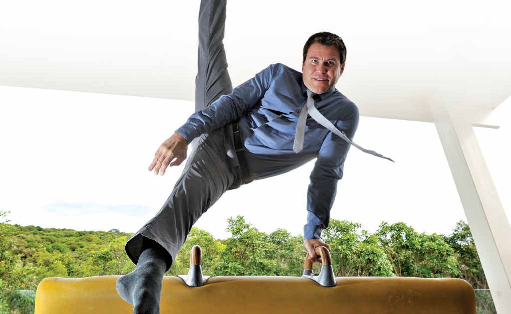 Olympian Brennon Dowrick performs gymnastics routines for his audience when public speaking. Olympian Brennon Dowrick performs gymnastics routines for his audience when public speaking.