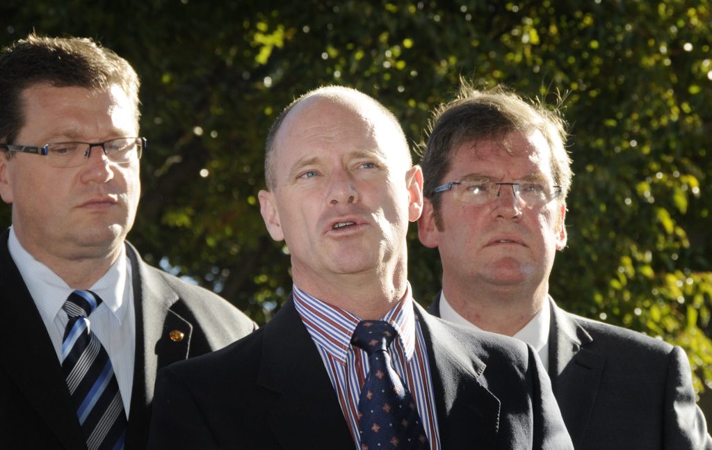 Premier Campbell Newman in Toowoomba to celebrate his 100 days as Premier. An LNP luncheon was held at The Spotted Cow. Speaking at the press conference is the prmeier with Trevor Watts (left) and John McVeigh. Photo: Bev Lacey / The Chronicle Premier Campbell Newman in Toowoomba to celebrate his 100 days as Premier. An LNP luncheon was held at The Spotted Cow. Speaking at the press conference is the prmeier with Trevor Watts (left) and John McVeigh. Photo: Bev Lacey / The Chronicle